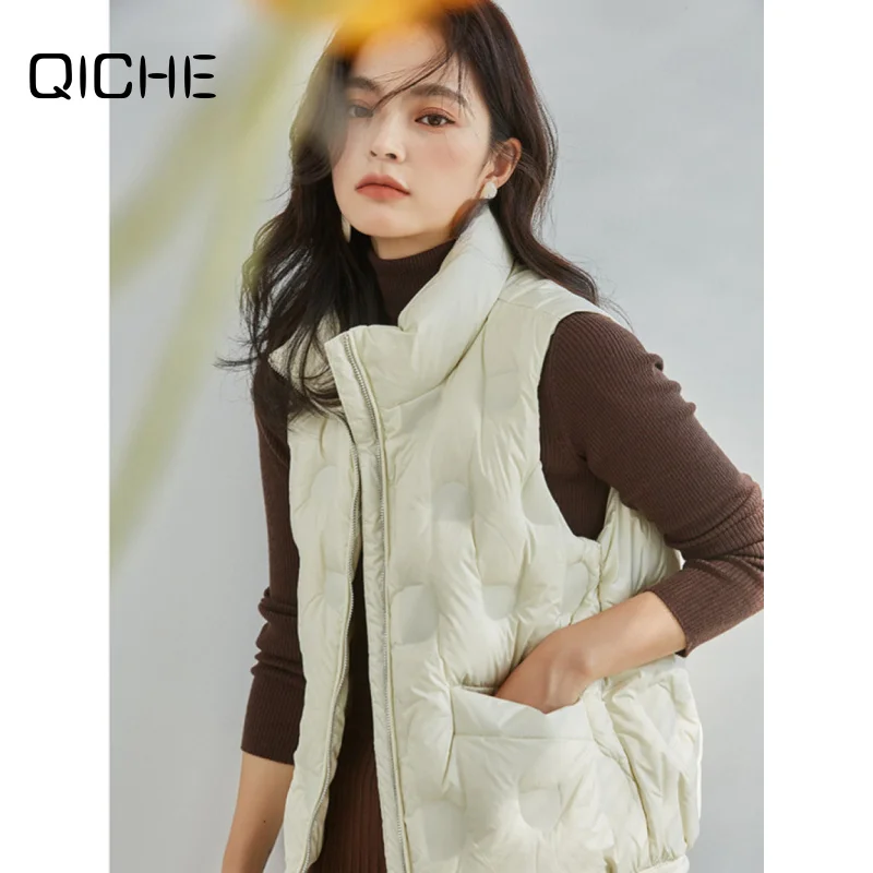 QICHE 2026 Women Winter Direct Filling White Duck Down Vest Stand Collar Thick Loose Elegant Commute Warm Down Gilet