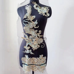 4PCS=1Set Chinese Style Embroidery, Black Background Mesh, Blue Golden Dragon Pearl Bead Lace Applique RS24498