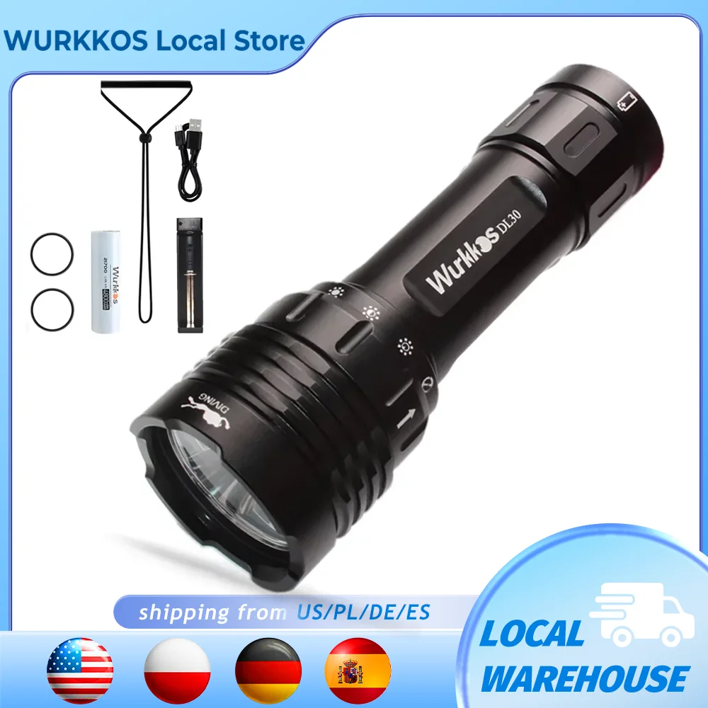 Wurkkos DL30 21700 Tauchtaschenlampe, 3600 Lumen, IPX8, wasserdicht, 90 CRI, wiederaufladbares Tauchlicht mit 3 Modi zum Tauchfischen