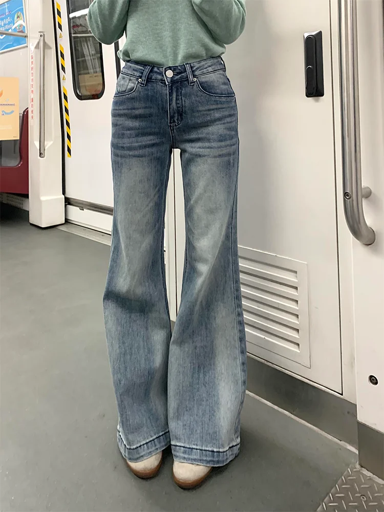 plus Size Vintage Blue Draped Straight Leg Micro Flared Denim Jeans Women's Autumn American Style Not Tight Leg Slimming Elas...