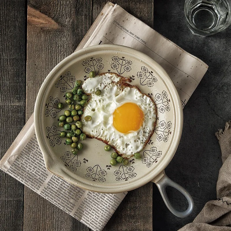 

Керамический глиняный горшок в стиле ретро, устойчивый к высоким температурам, открытый пламя, бытовая ручка, сковорода для стейка и жареных яиц с плоским дном
