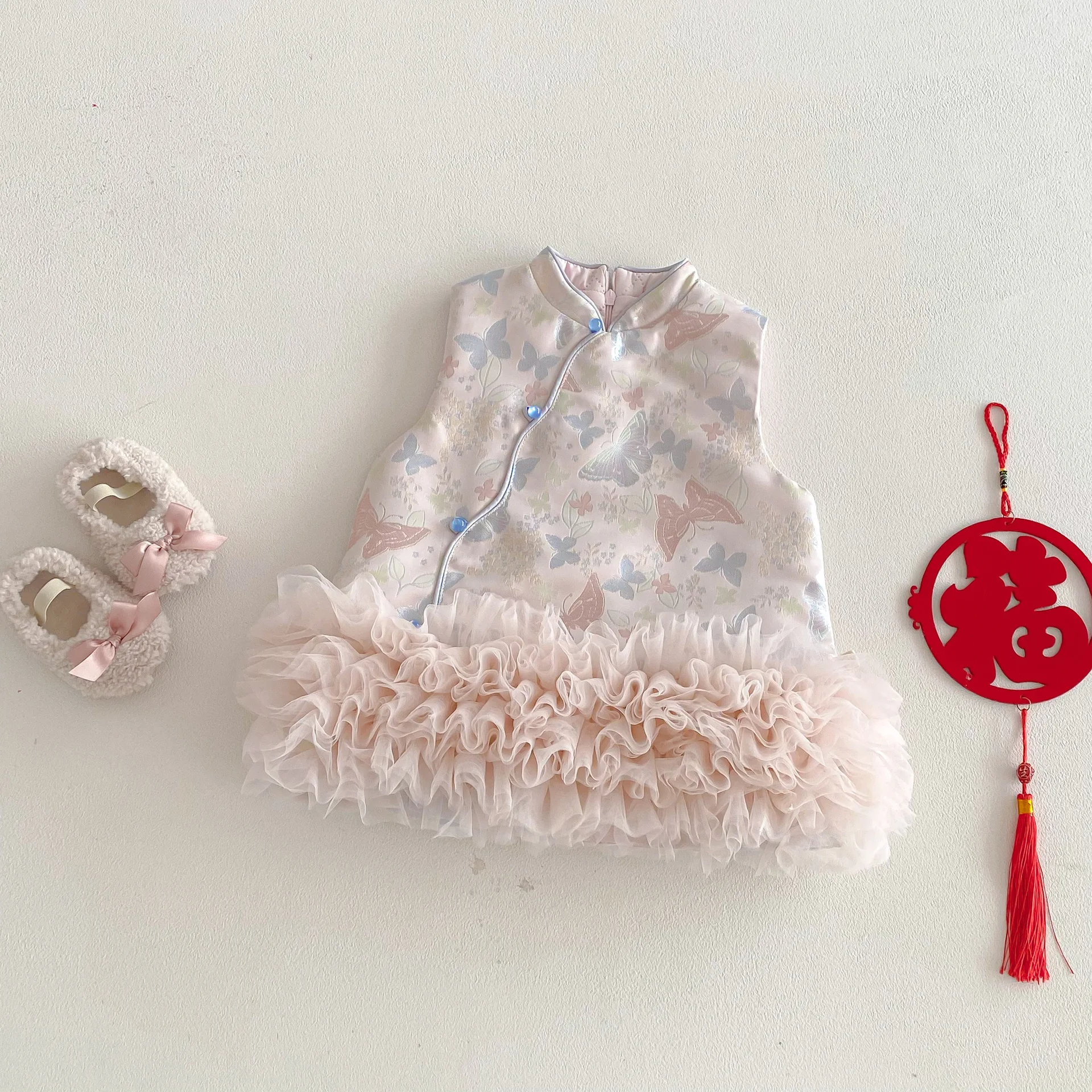 فستان بناتي ريترو للعام الجديد 2025 شتاء جديد للأطفال على الطراز الصيني تنورة مائلة فستان كعكة فستان سميك للأطفال