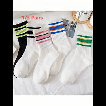 1/5 pares de meias brancas masculinas e femininas, meias de comprimento médio, meias versão coreana, meias esportivas casuais listradas de outono e inverno