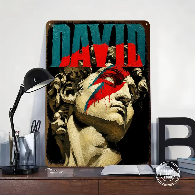 David Bowie Statue With Lightning Bolt Metal Poster Perfect Gift for Fans Lovers Personalized Wall Art Metal Sign for Room Decor