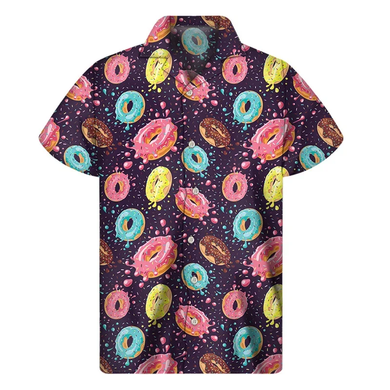 Summer Hawaiian 3D Chocolate Doughnuts Printed Shirts For Men Cookie Graphic Short Shirts Kid Funny Streetwear Blouses Clothing