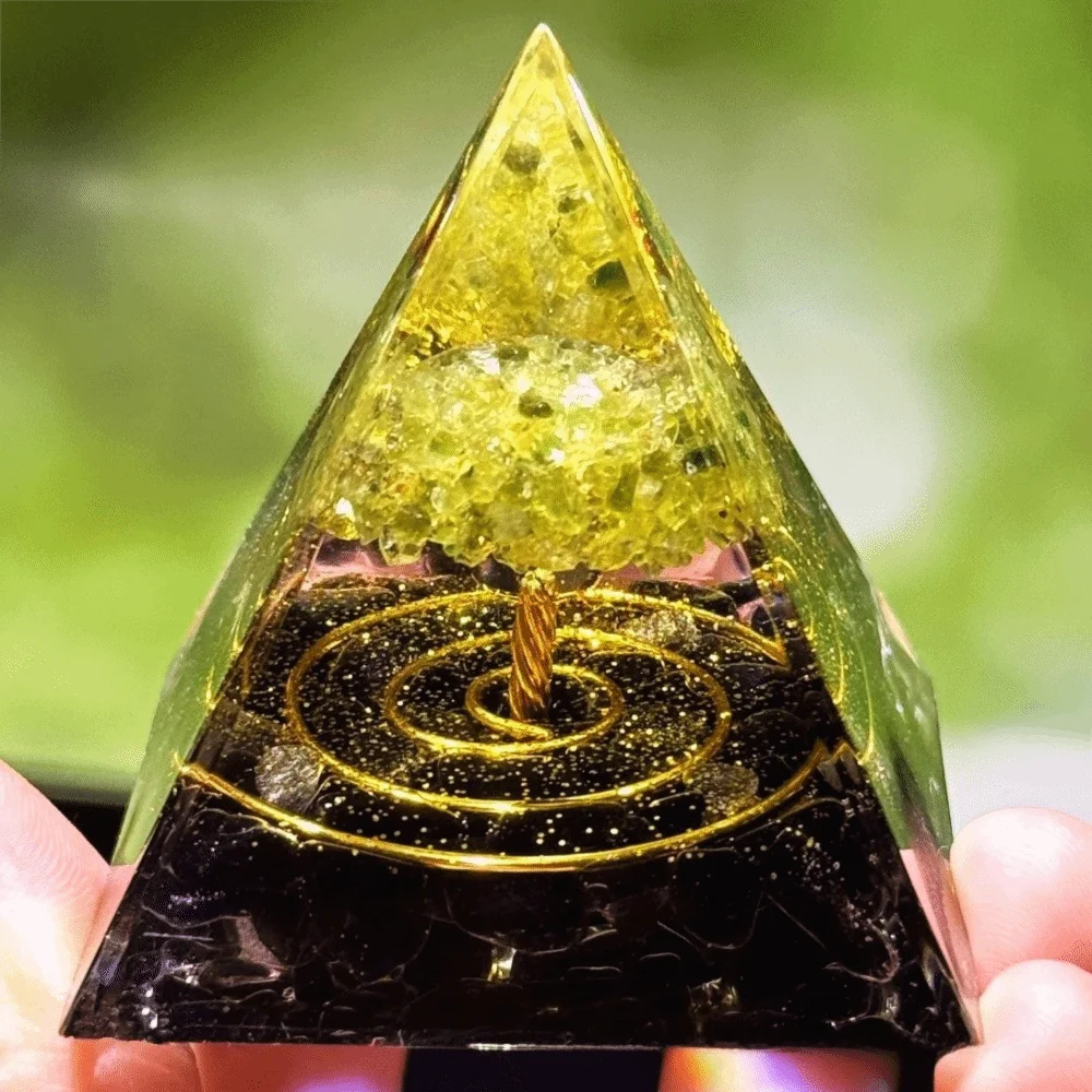 Crystal Stone Orgone Pyramid Peridot Reiki Crystal Stone Pyramid Resin Ornament Spiritual Yoga Meditation Statue Energy Work