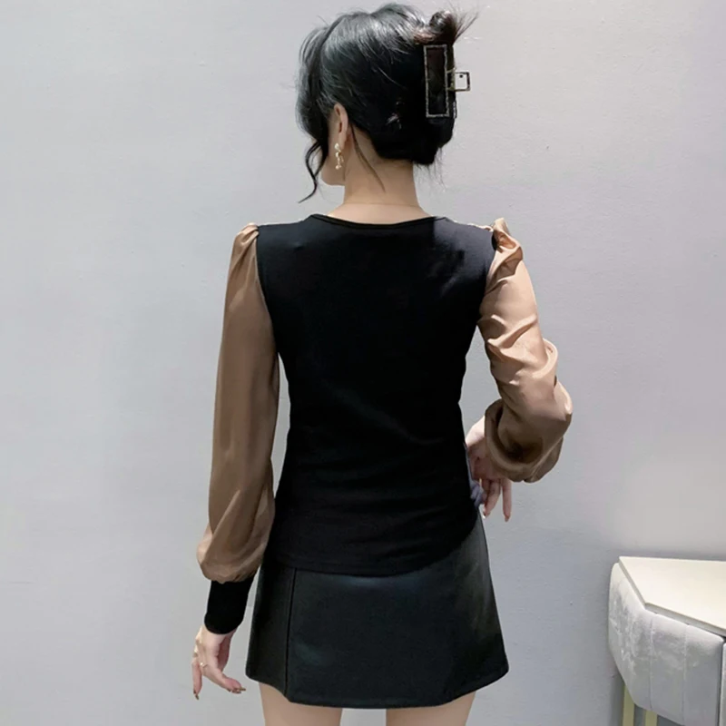 Fall Winter European Clothes T-Shirt Chic Sexy Patchwork Ruffles Shiny Beading Tops Chiffon Puff Sleeve 2025,New Hot Tees 0248