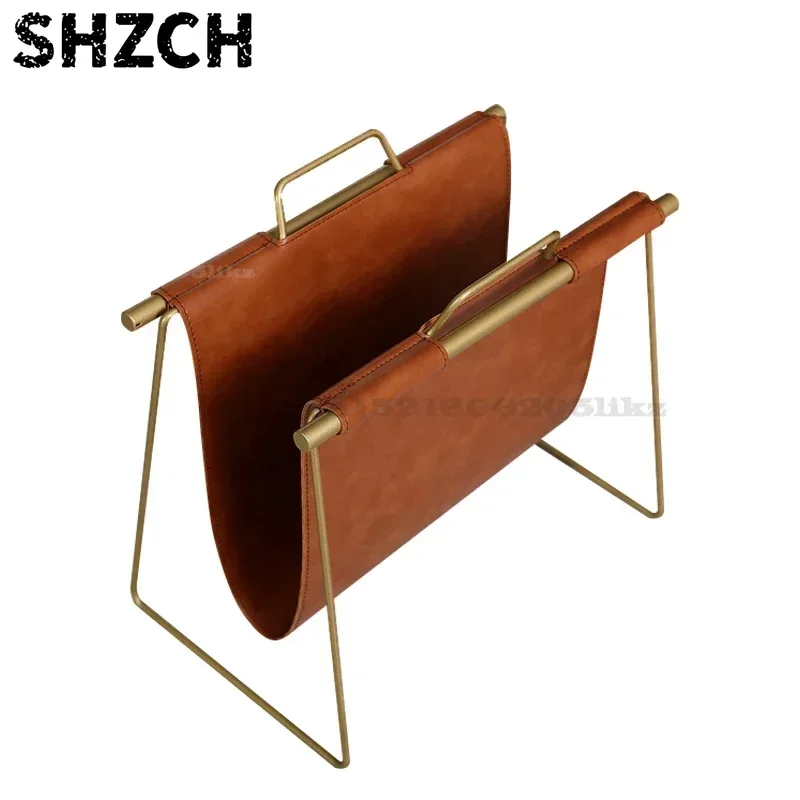 Golden Metal Magazine Rack, Double Layer, PU Leather Bookshelf, File Book Organizer, Nordic Holder, Elegant Office Storage