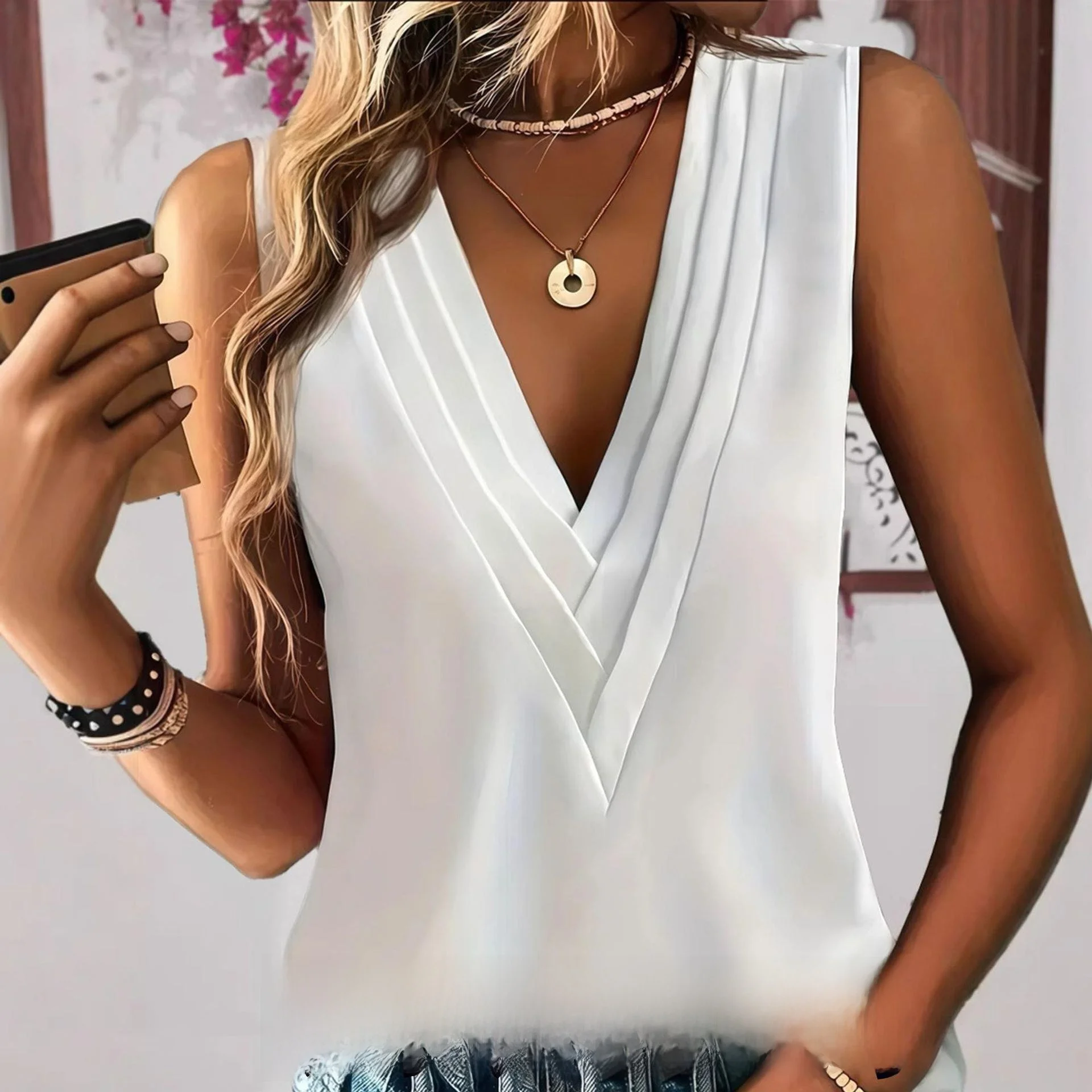 

Женский жилет TikTok, однотонный, многослойный, V-Ne, большой размер, модная внутренняя одежда, длина, трапециевидной формы