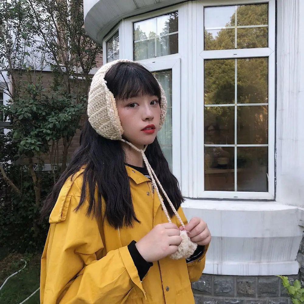 Handmade Korean Style Y2k Plush Earmuffs Solid Color Thicken JK Knitted Earflap Soft Warm Skiing Winter Ear Cover Girl