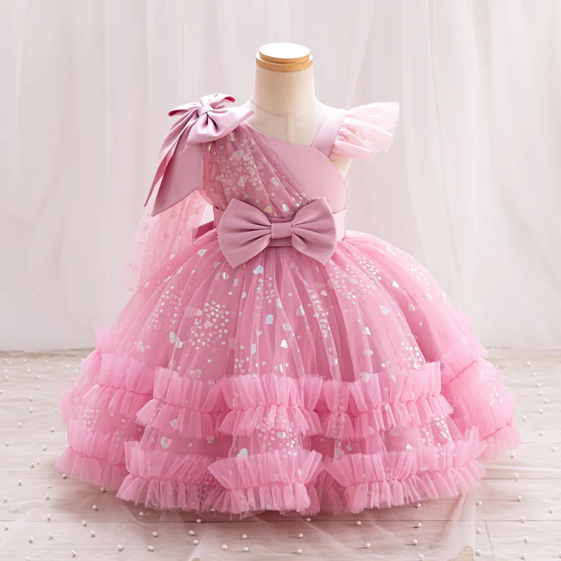 Girl\'s New Bow Star Print Sweet and Cute Mesh Princess Dress Wedding Flower Boy School Stage Drama Performance Dress