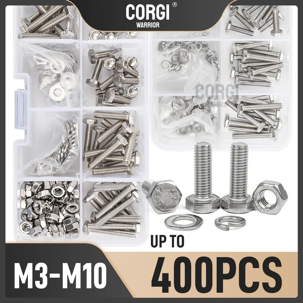 M3 M4 M5 M6 M8 M10 Hex Bolts Nuts Washers Assortment Kit Up to 400 Metric Stainless Steel Machine Screws Bolts Nuts Washers Set