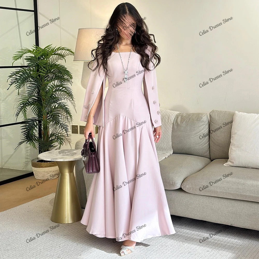 Customized Pink Elegant Crystal Flare Sleeves Evening Dress A-Line Jersey Square Neck Long Sleeves Ankle Length Party Gowns 2024