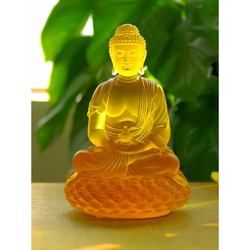 Yellow Glazed Medicine Buddha Statue Lotus Base Home Decor Living Room Ornament Ancient Style Ceramic Craft Religious Figure