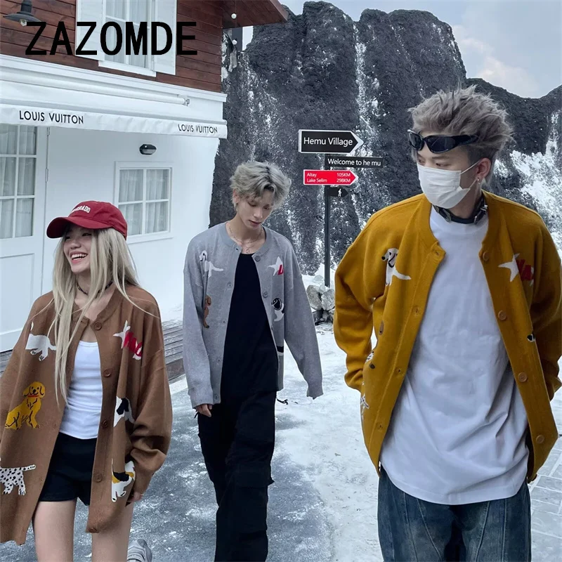 ZAZOMDE Korean Fashion Puppy Sweater Button Cardigan For Man Vintage Cartoon Dogs Knitted Coat Oversized Streetwear Knitwear Men