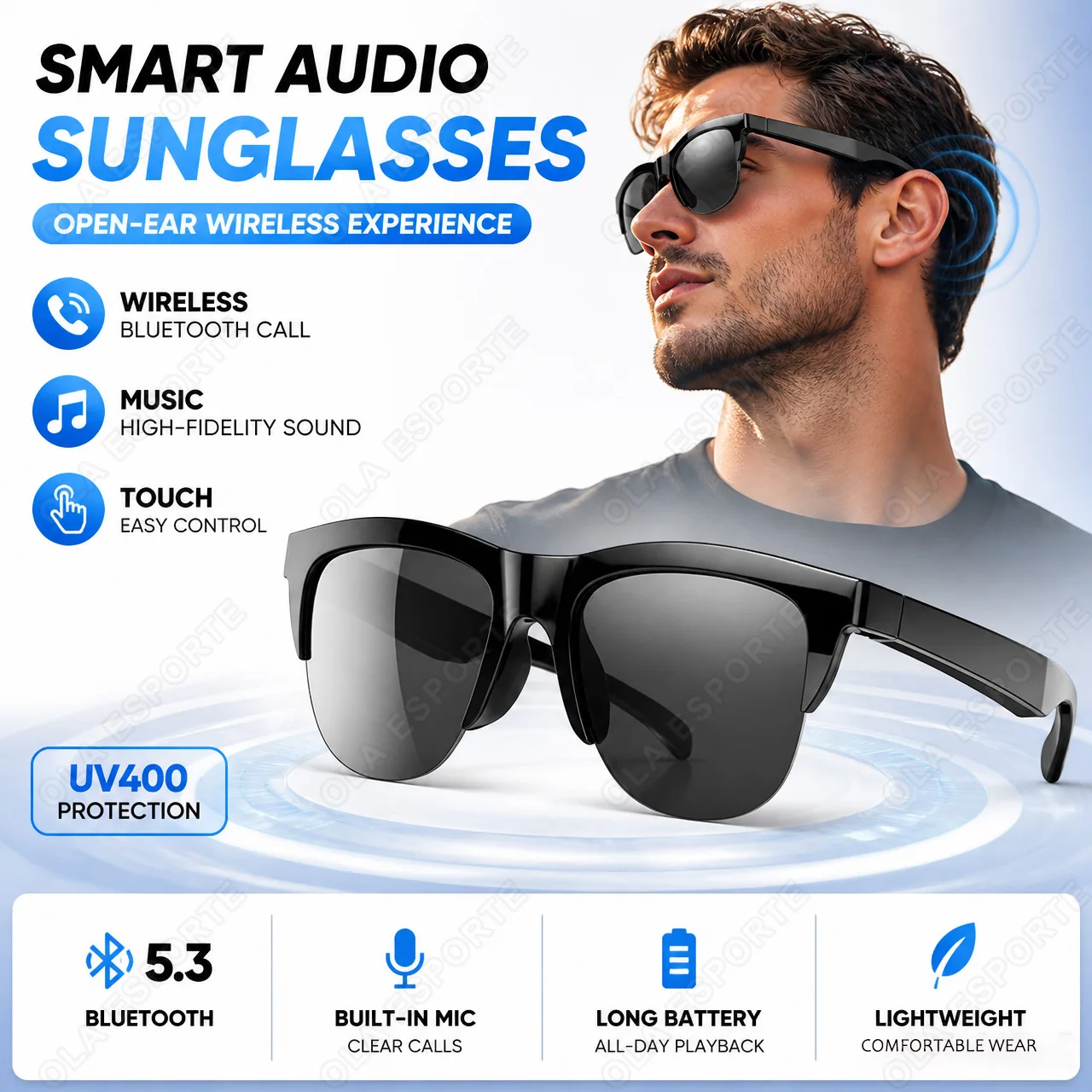 Smart Sunglasses Smart Glasses Touch Control Music Play Hands-Free Call Polarized UV Protection Smartglasses For Men Women HT30