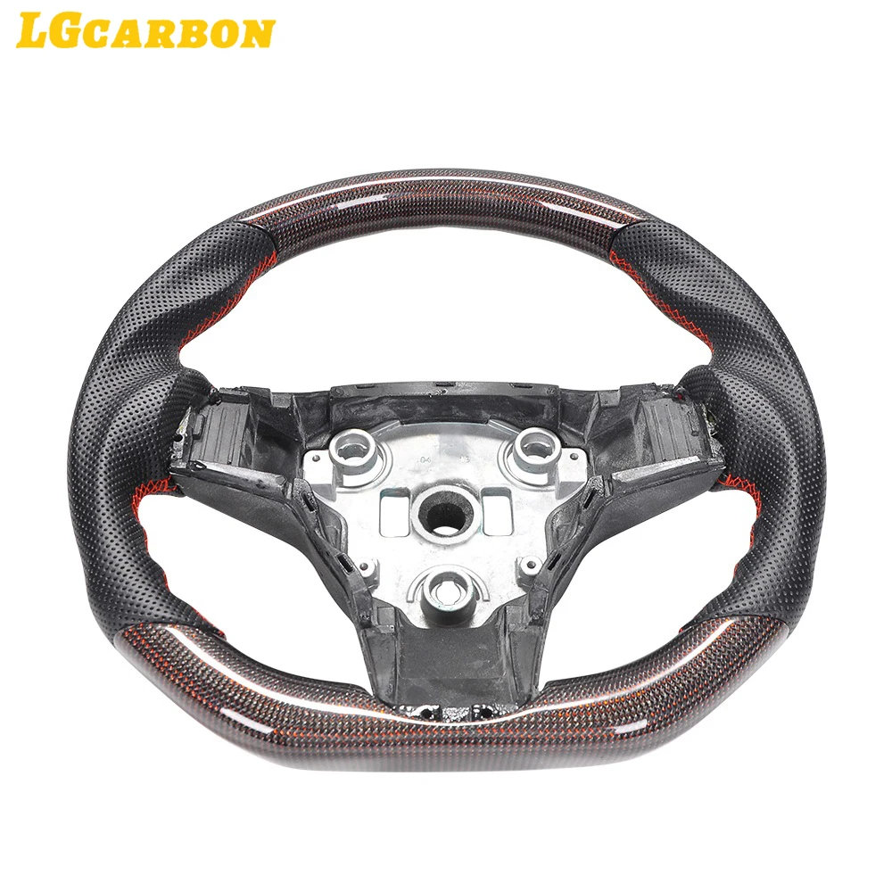 LGcarbon Glossy Red Line Carbon Fiber and Perforated Black Leather Steering Wheel for Tesla Model 3 Y