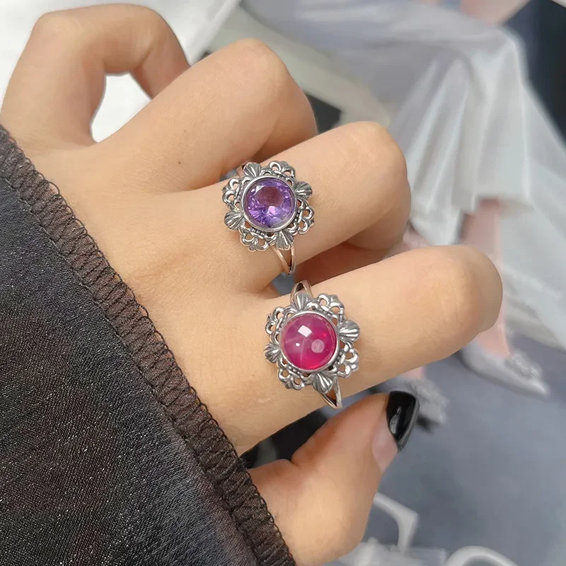 Vintage hollow pattern Thai silver ring women's S925 sterling silver inlaid with natural jasper topaz gemstone index finger