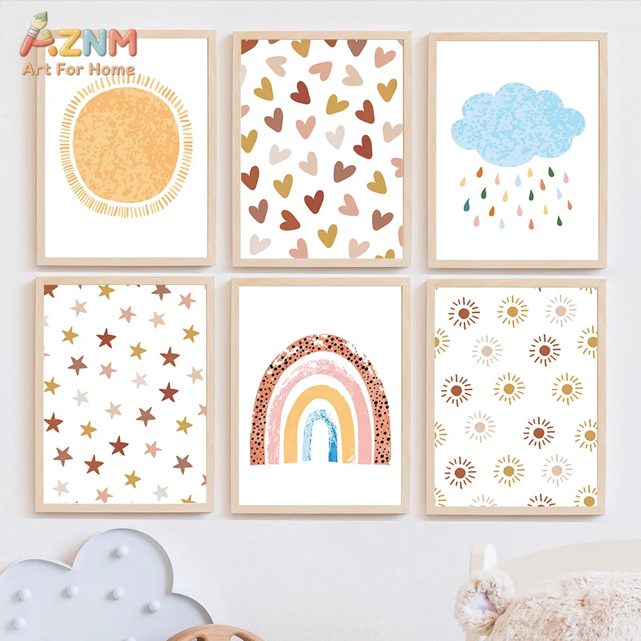 AZNM Boho Neutral Rainbow Canvas Print Sun Cloud Heart Star Doodle Warm Earth Tone Minimalist Kids Nursery Wall Poster Unframed