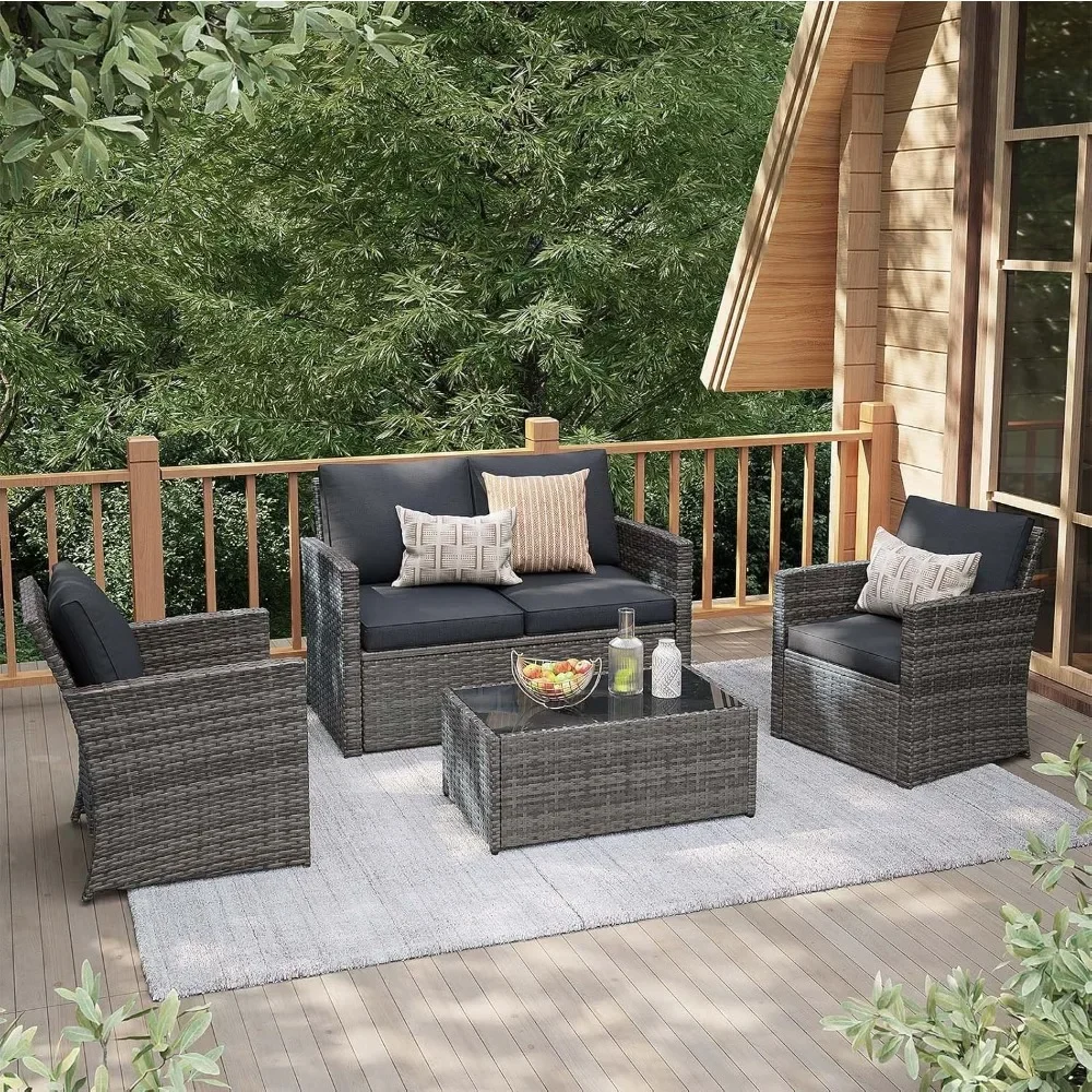

4 Piece Outdoor Patio Furniture Set, All-Weather Wicker Patio Conversation Set, PE Rattan Sofa Set with Loveseat Chair and