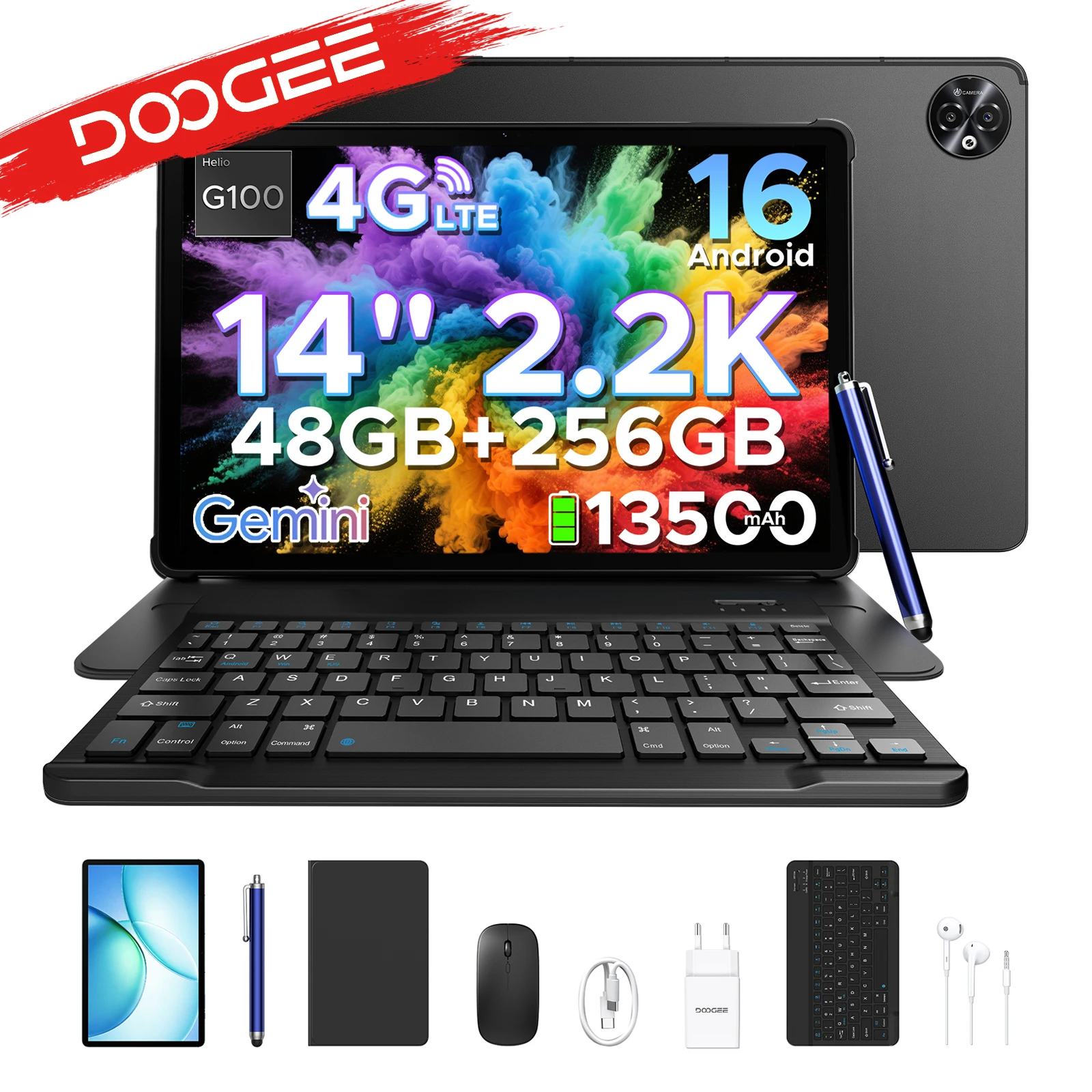 DOOGEE Tablette PC 2 en 1 Tab E3 Max Gmini AI 14" Écran 2.2K Batterie 13500mAh Android 16 48Go(8+40) 256 Go Helio G100 AI Tablet