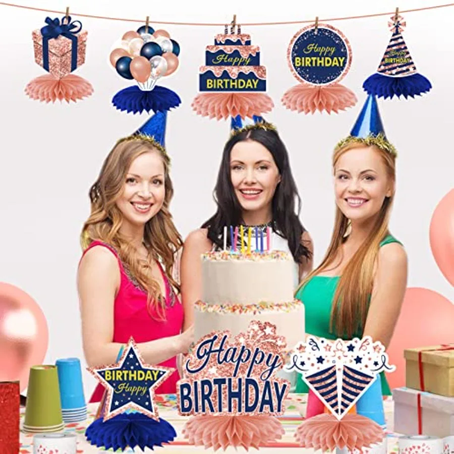 Décorations de joyeux anniversaire bleu marine or Rose, centres de Table en nid d'abeille, 8 pièces, fournitures de fête de Table joyeux anniversaire pour femmes