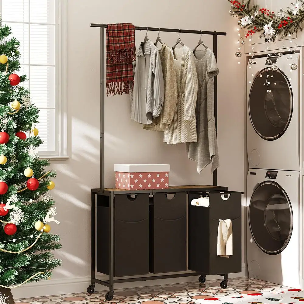 3-Section Laundry Sorter with Hanging Rack Drawers and Wheels Classified Organization Open Shelf Rolling Hamper Sturdy Metal