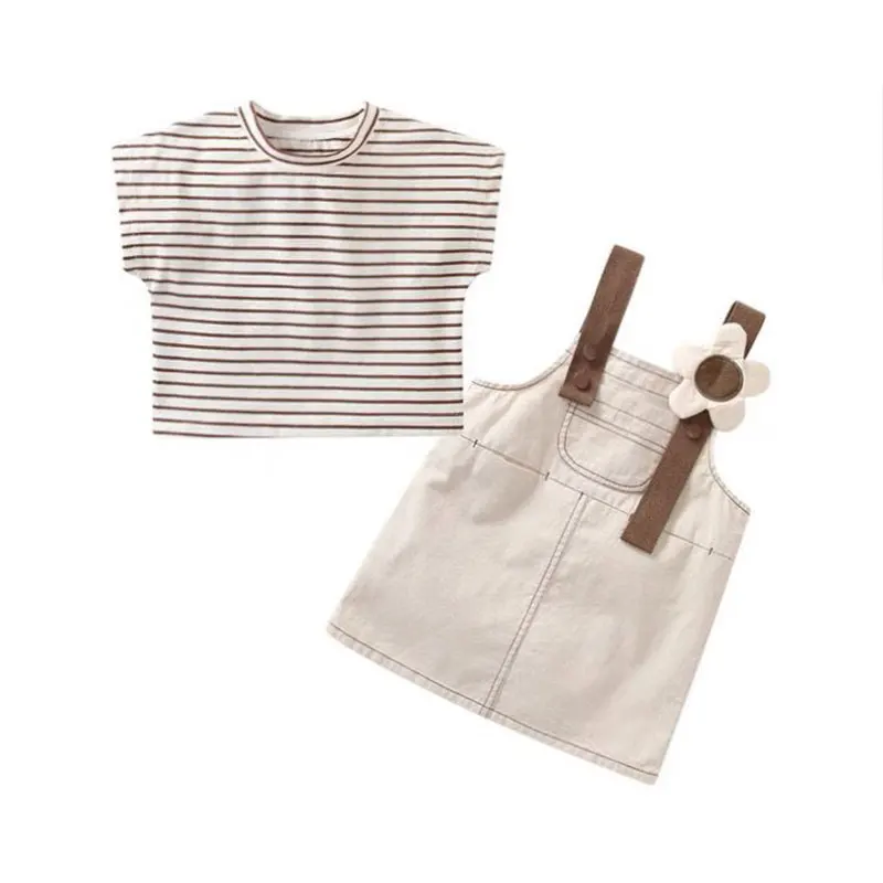 

Elegant Fashion Harajuku Slim Fit Children Clothes Loose Casual All Match Stripe T-shirts O Neck Camisole Pants Two Piece Set