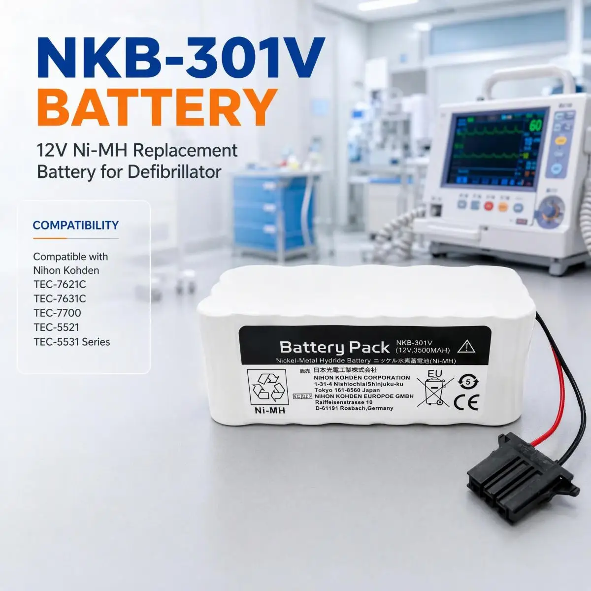 NKB‑301V 12V 2800mAh Ni-MH Replacement Battery For Nihon Kohden TEC‑7621C TEC‑7631C TEC‑7700 TEC‑5521 TEC‑5531 Defibrillator