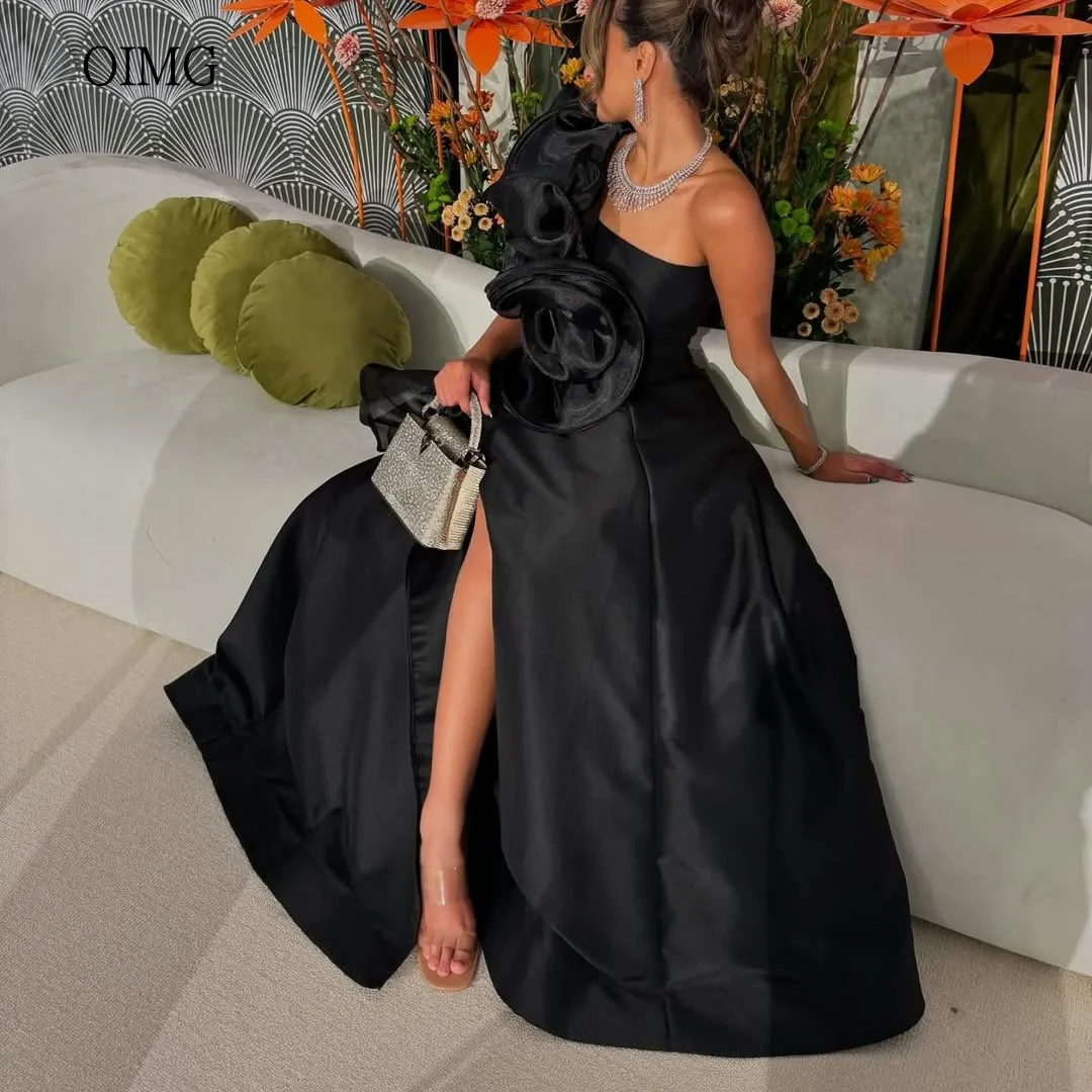 

OIMG Modern Black A-line Prom Gowns One Shoulder Formal Party Gown Side Slit Evening Dress vestidos de fiesta Customized