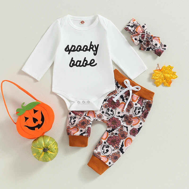 

Toddler Girls Autumn Set Adorable Long Sleeve Romper with Floral Skull Print Leggings and Matching Headband for Halloween