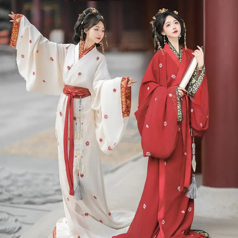 2026 New Arrival Women Hanfu, Flowy Straight Hem Robe with Train, Vintage Print, Authentic Full Set, Spring Autumn Long Dress