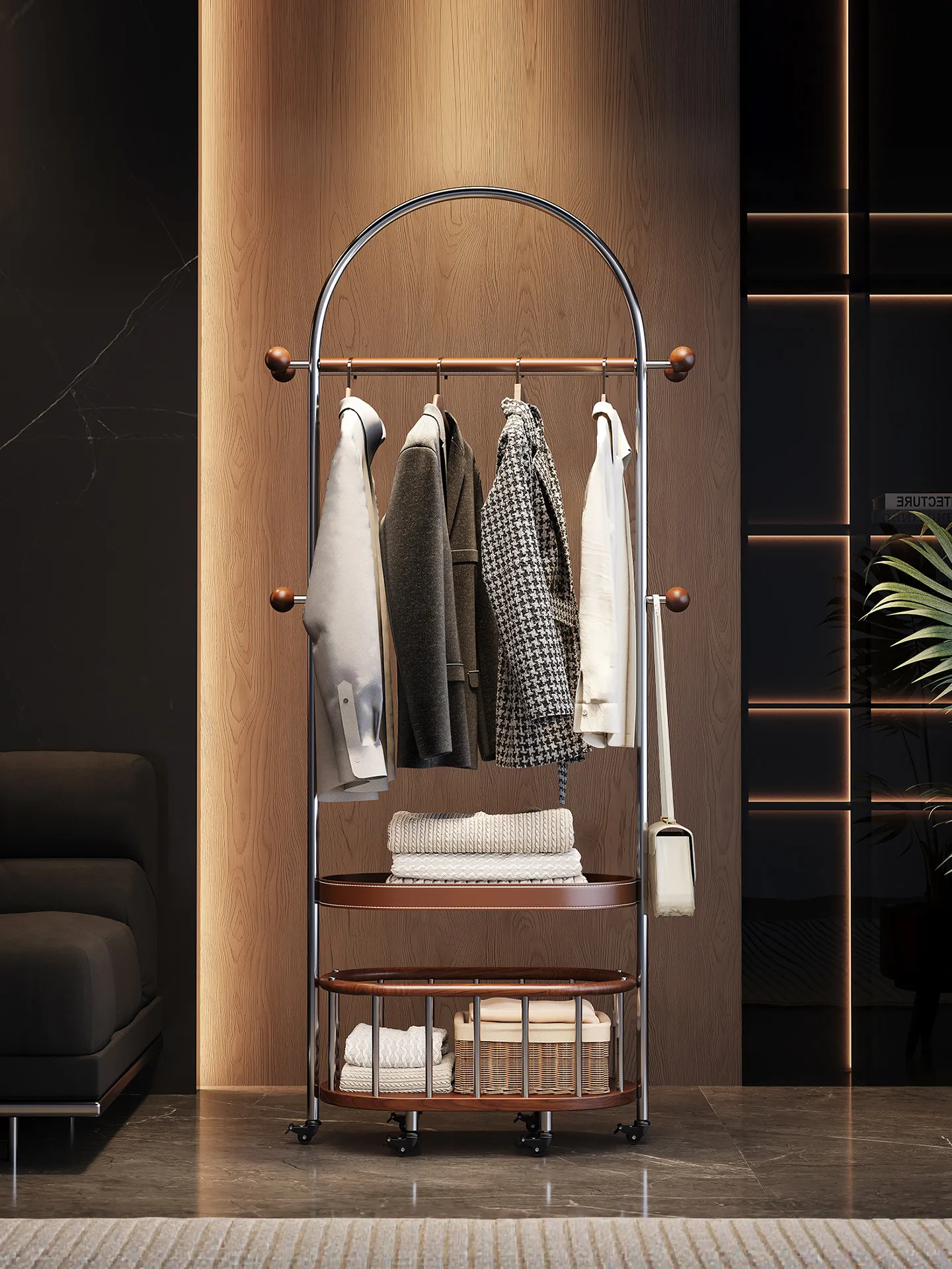 Italian light luxury storage basket coat rack floor-to-ceiling bedroom removable hanger stainless steel living room household ra