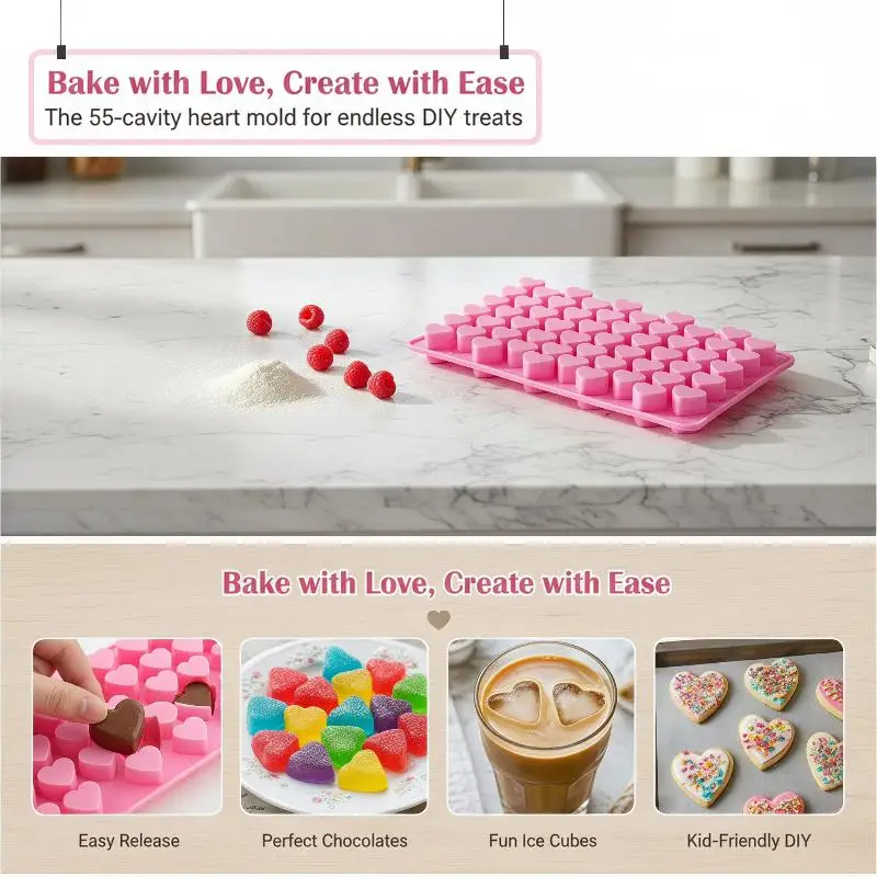 55 Grids Heart Silicone Cake Mold BPA Free Reusable Non-stick Tray for Chocolate Biscuit Soap DIY Baking view 2