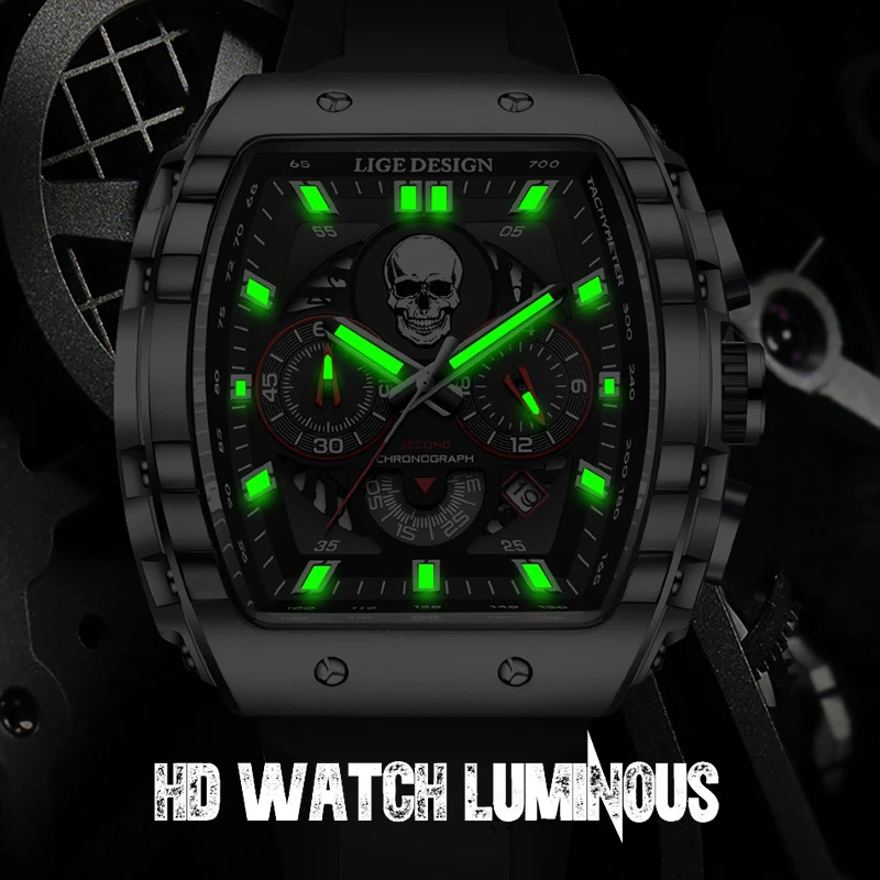 LIGE Brand Watch Men Skeleton Skull Dial Sport Army Watches Mens Fashion Luxury Waterproof Quartz Watch Chronograph Montre Homme