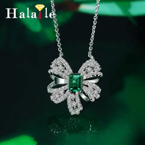 Halaile S925 스털링 실버 실험실에서 자란 에메랄드 인증서 Bowknot 펜던트 목걸이 여성을위한 고급 보석 목 체인 선물