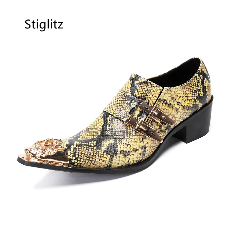 

Snake Pattern High Heeled Men's Shoes Genuine Leather Metal Toe Buckle British Formal Party Dress Shoes Slip On Leather Shoes