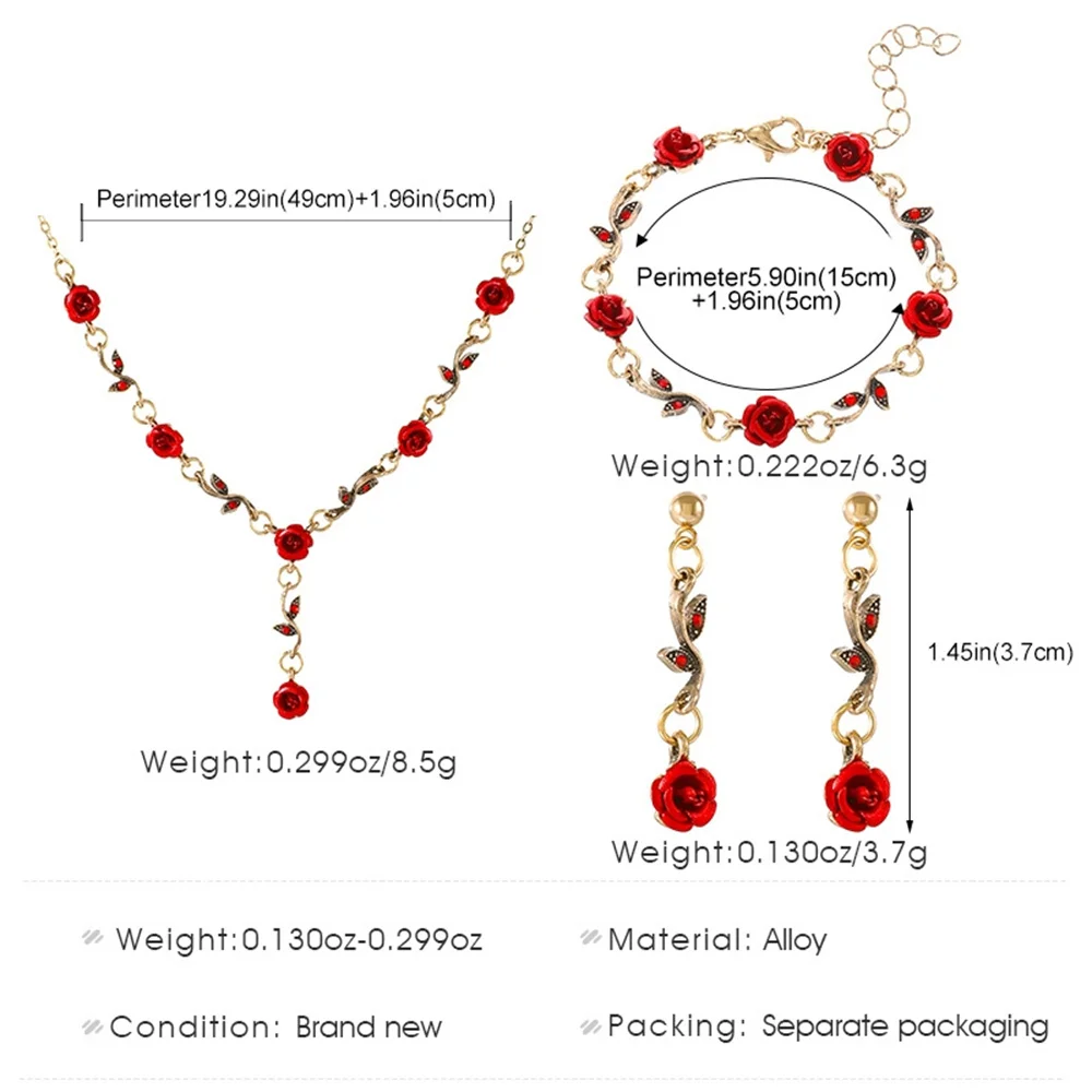 Vintage Red Rose Flower Necklace Bracelet Earring Jewelry Set for Women Tassel Earring Clavicle Chain Wedding Engagement Jewelry