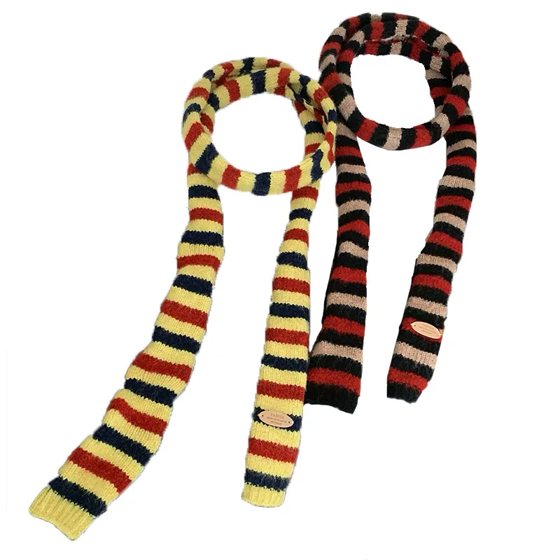 

New Striped Knitted Sausage Dog Scarf Women Winter Long Narrow Ribbon Scarf Plush Neck Warmer Bandana Cute Student Knit Wrap