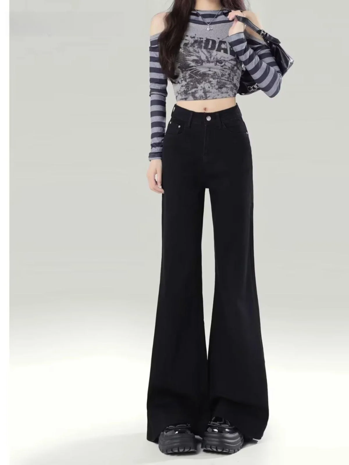 

Black High Waist Wide Leg Jeans Women's Retro Bell Bottom Casual Style Multi Pocket Wear Resistant Long Pants Straight Cut