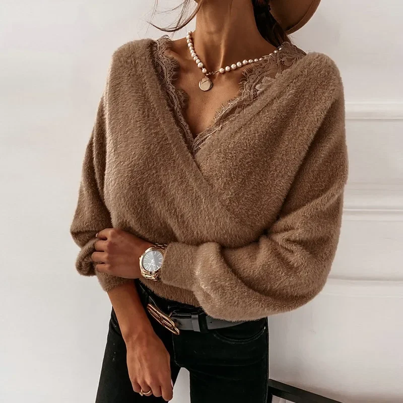 Fashion Sexy V-neck Lace Patchwork Plush Long Sleeve Top Sexy Women's Solid Color Lace Sling Flannel Long Sleeve Top