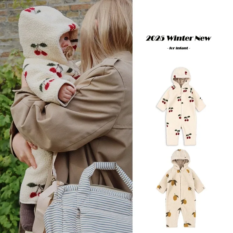 

2025 Winter Long Sleeve Baby Fleece Hooded Jumpsuit Cherry Print Infant Warm Romper Crawling Outfit Newborn Clothes