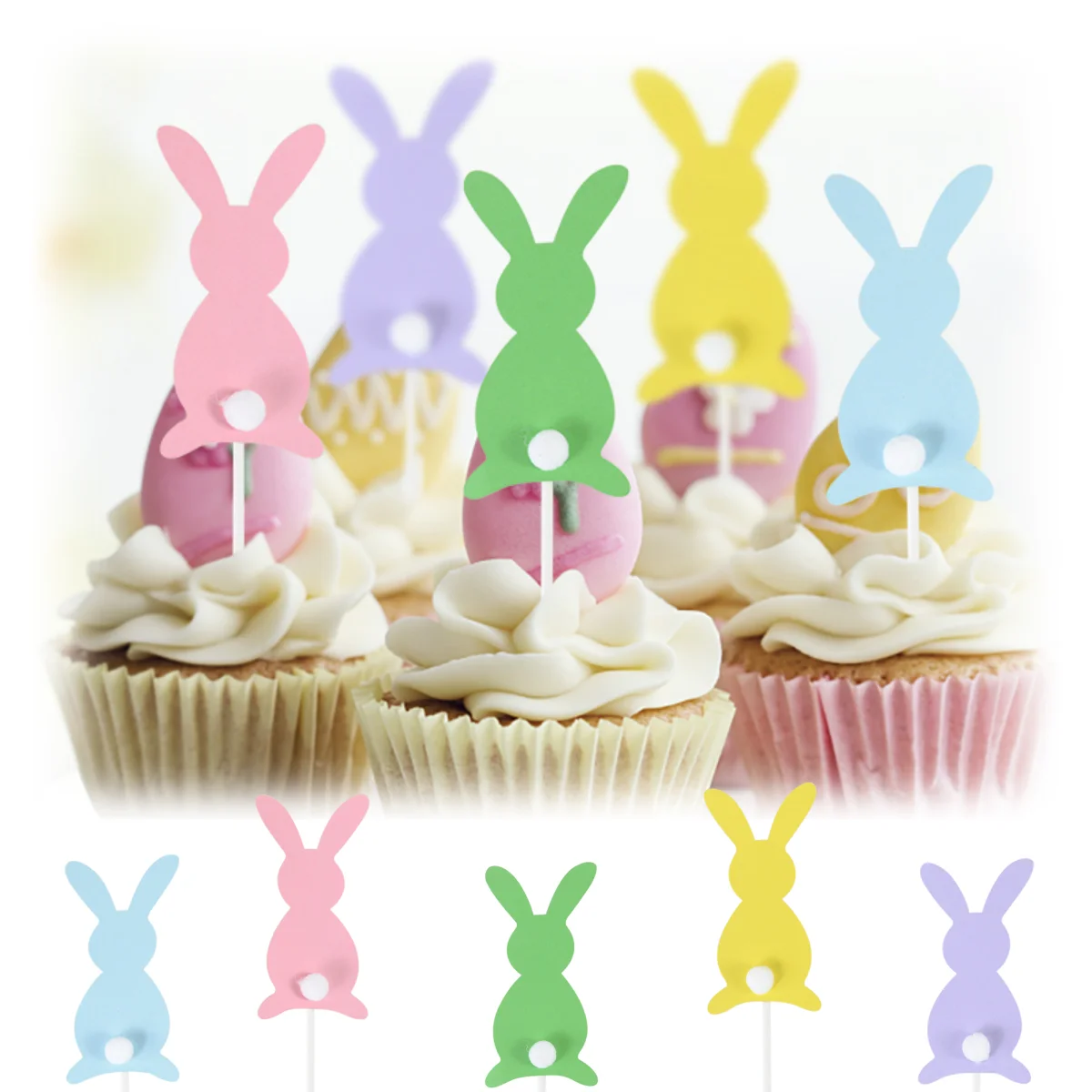 5pcs Easter Colorful Bunny Cake Toppers Cute Rabbit Skewers Cupcake Toppers Happy Easter Birthday Party Cake Decoration Supplies