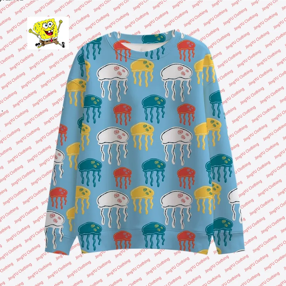 2023 Autumn New Harajuku Street Fashion Casual Tops Round Neck Pullover Children\'s Cute Spongebob Animation Printed Pullover