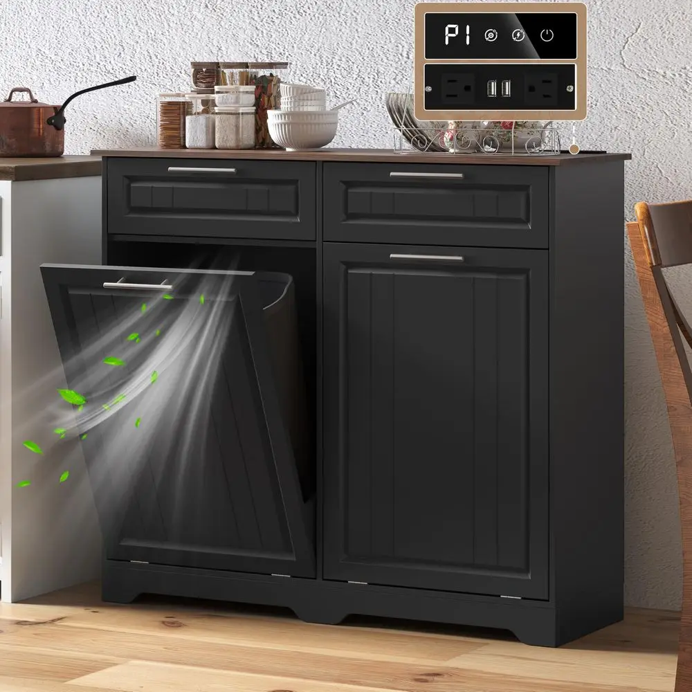 

Tilt Out Trash Can Cabinet with Deodorizing Function amp Charging Station, 2 x 10 Gallon Hidden Laundry Hamper Cabinet with Sto