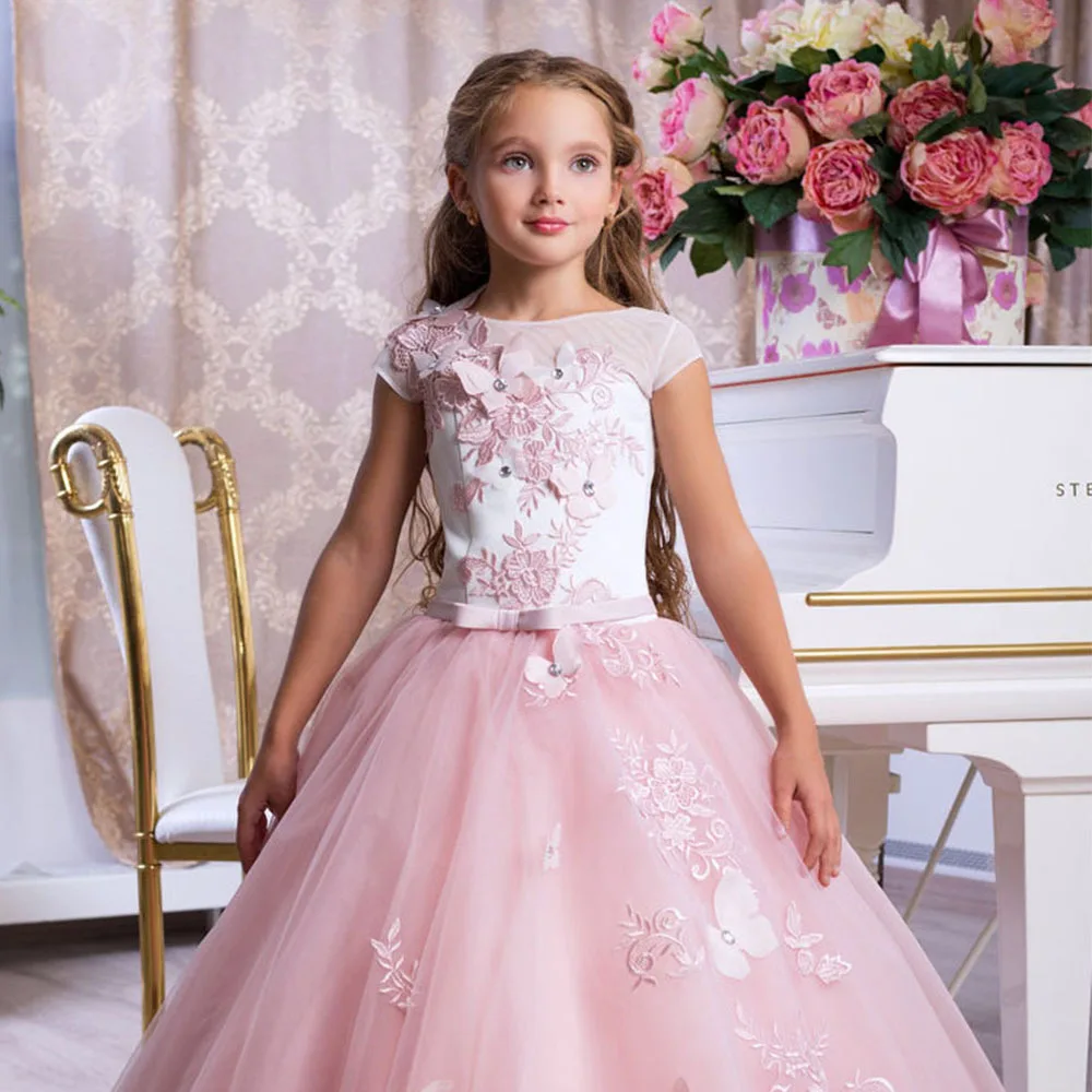 

Pink Flower Girl Dresses For Weddings A-line Cap Sleeves Tulle Appliques Tutu Long First Communion Dresses Little Girl