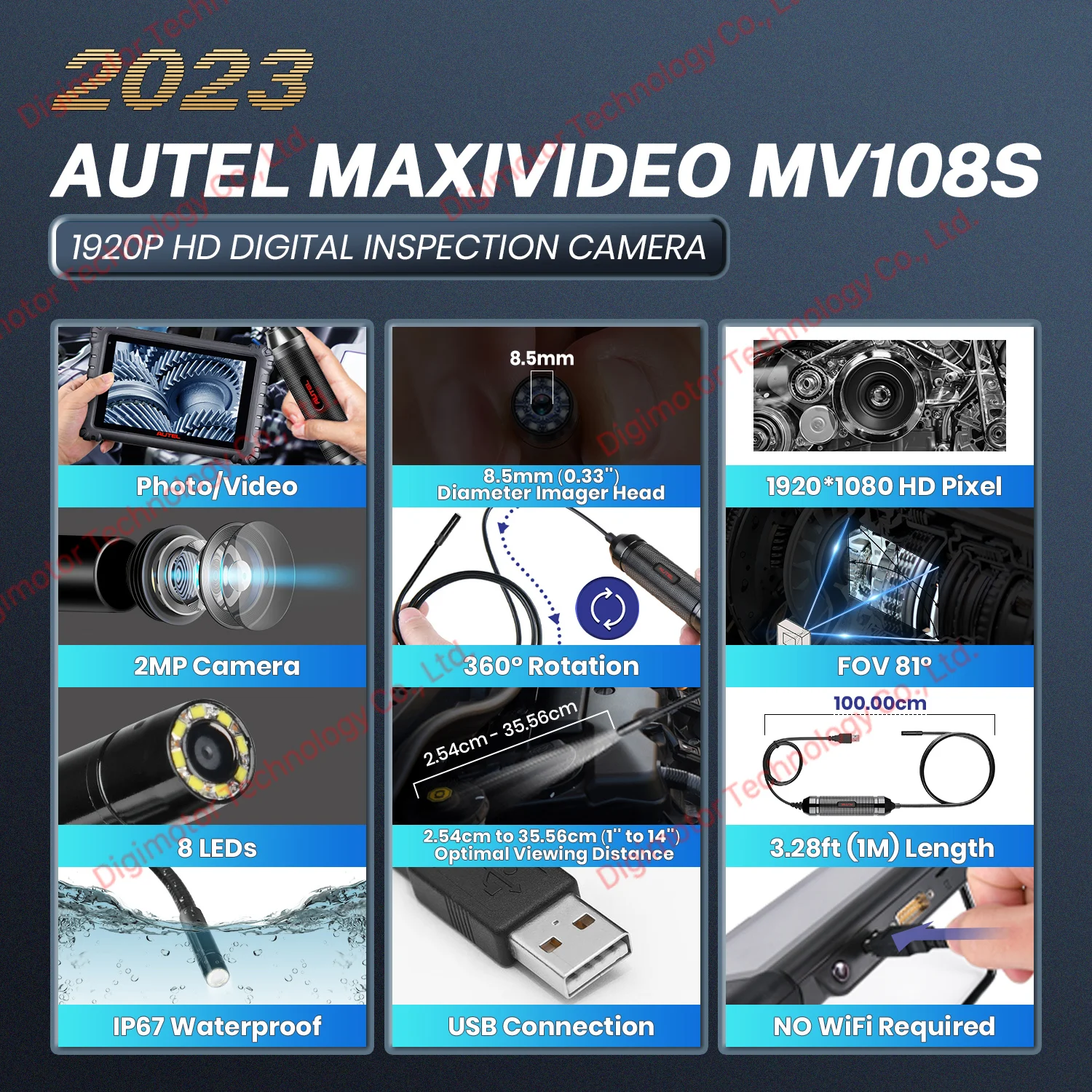 Autel Mv108S Maxivideo Inspection Video Scope,1920x1080 3.28Ft (1M) Waterproof Digital Camera for Autel MK808BT MX808S MK906 PRO