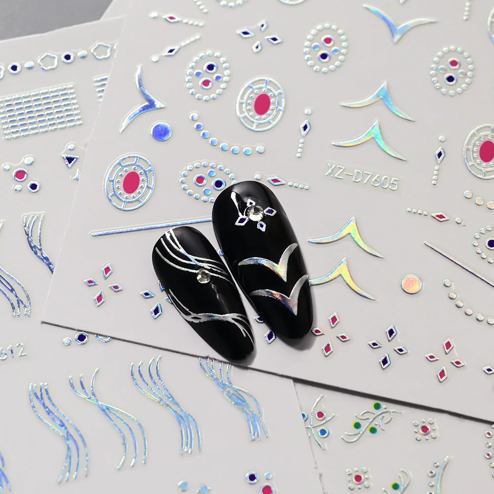 1pc 3D Aurora Curved Line French Tips Nail Art Stickers Holographic Flower Grass Decals with Crystal Manicure Decoration Sticker