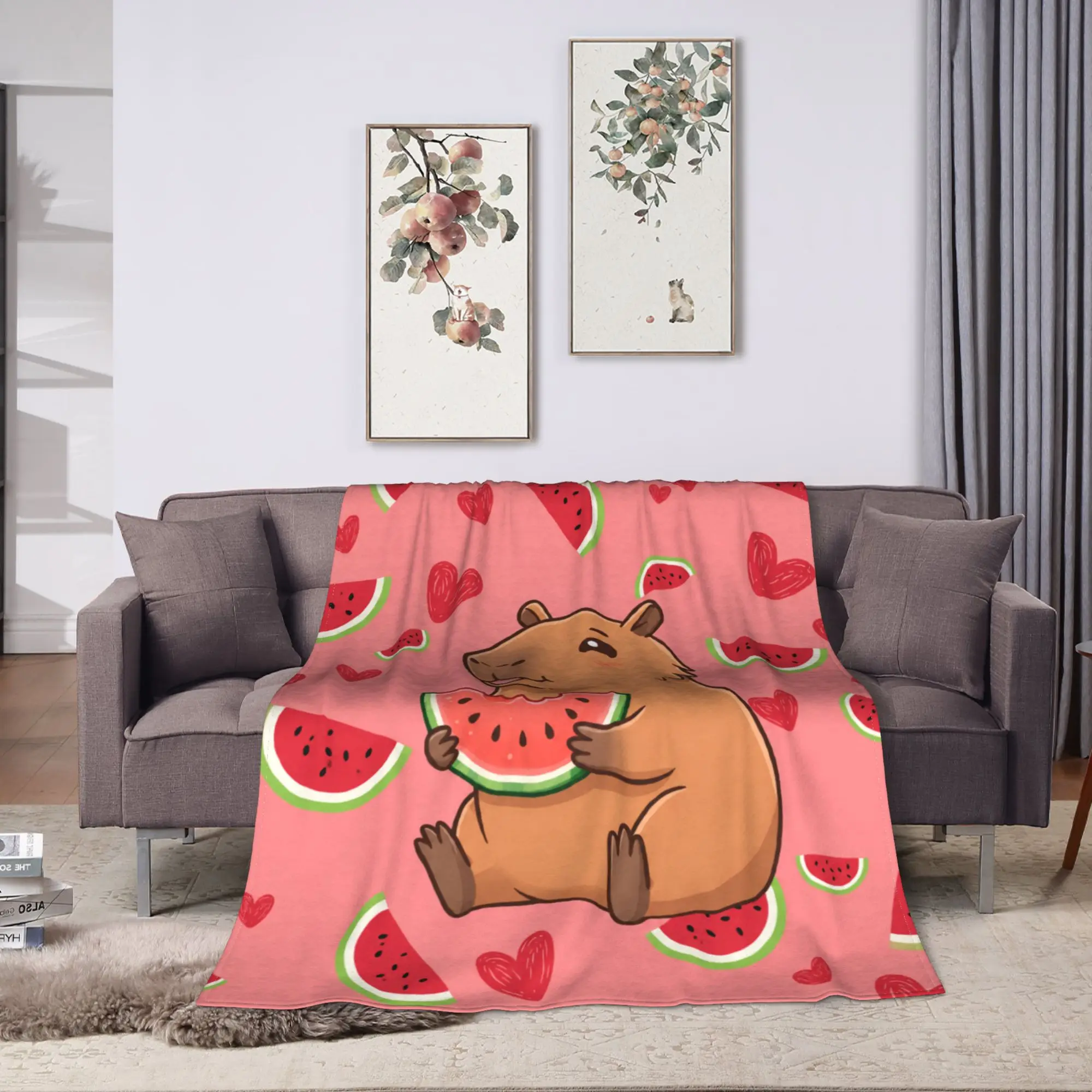 Capybara Watermelon Slice Anime Blanket  Picnic Flannel Throw Blanket For Bedroom Soft Warm Customized Quality Bedspread Gift