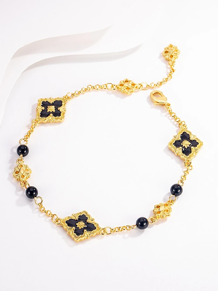 Black Agate Bracelet Four Leaf Clover Women's Retro Niche Black Enamel Versatile Handmade